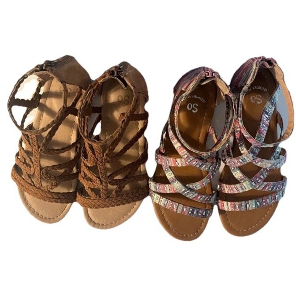 Set of 2 Pairs Girls Youth Size 2 Boho Strap Gladiator Sandals Shoes Footwear - Picture 2 of 16